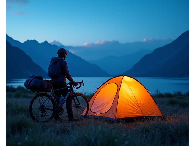 Cyclist camping next to bicycle in wide open natural landscape