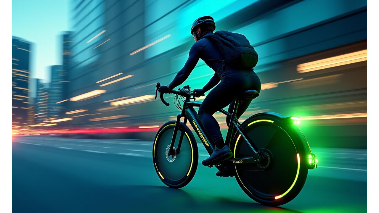 E-bike with sleek, integrated accessories navigating an urban landscape at dusk.