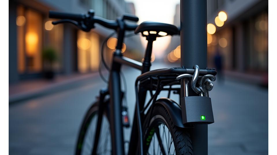 E-bike securely locked with a heavy-duty lock in an urban setting.