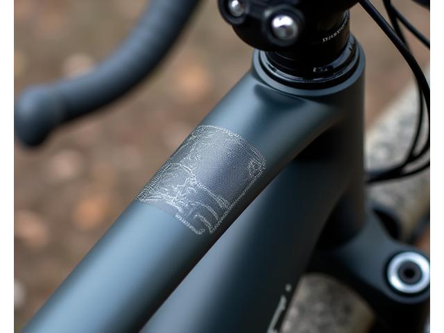 Close-up of a dark grey bicycle frame adorned with a subtle, stylized topographical map custom vinyl sticker.