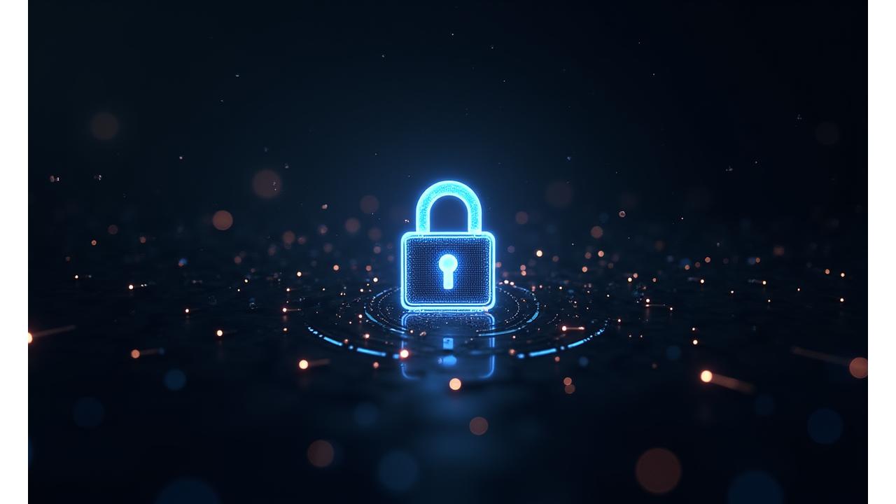 Secure padlock icon over a dynamic privacy shield, symbolizing digital security and trust.